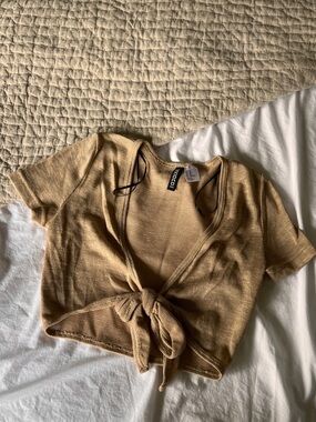 Tie-Front Short Sleeve Cropped Knit Top - Tan - Swim Coverlet